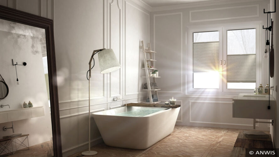 Scandinavian bathroom, white minimalistic design, hotel spa reso